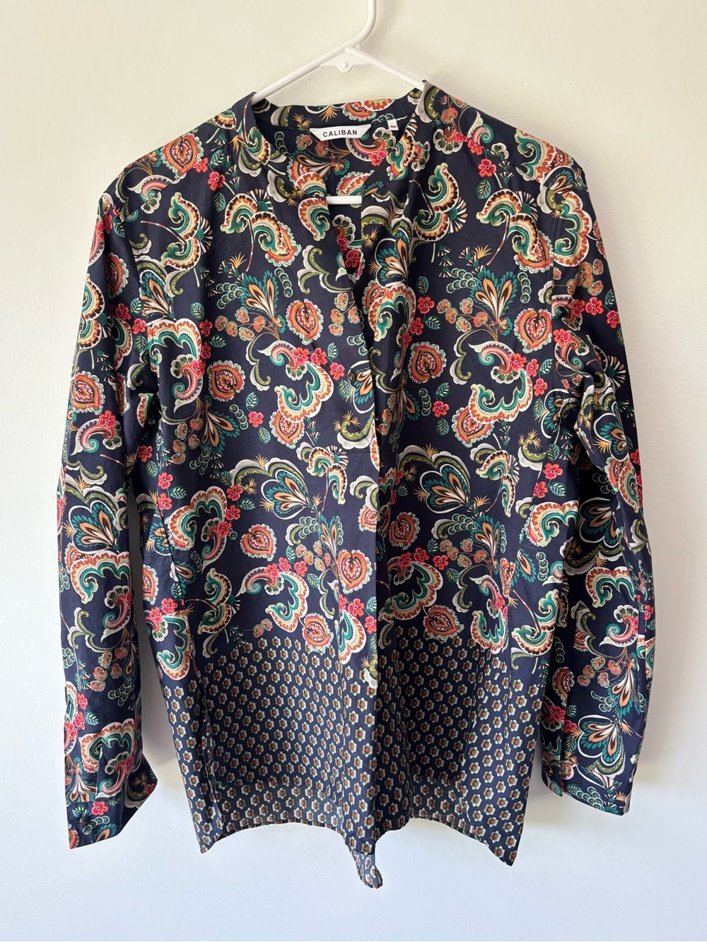 Caliban Navy Blue Paisley Floral Geometric Print Cotton Blouse Made in Italy